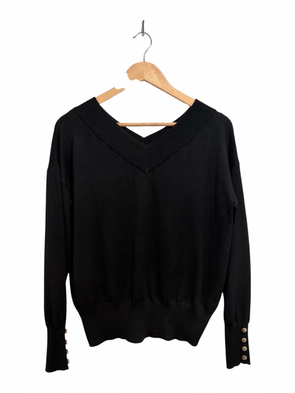 Margeaux & Ellie Classic Black V-Neck Women's Long Sleeve Sweater Button Detail